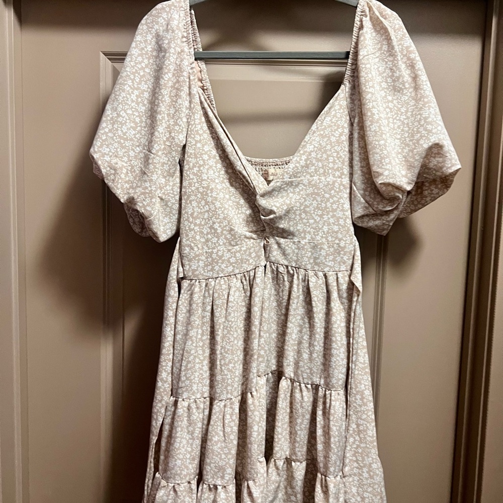 Altar'd State Light Beige Floral Puff Sleeve Tiered Midi Dress